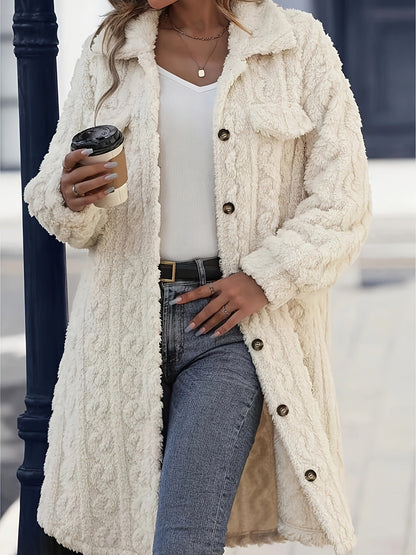 Donna con cappotto lungo in pelliccia sintetica bianca, jeans e maglia bianca, tiene un caffè da asporto. Moda invernale, stile casual chic.