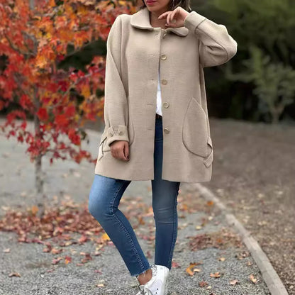 Cappotto Autunnale Oversize da Donna con Chiusura Frontale a Bottoni e Tasche Applicate