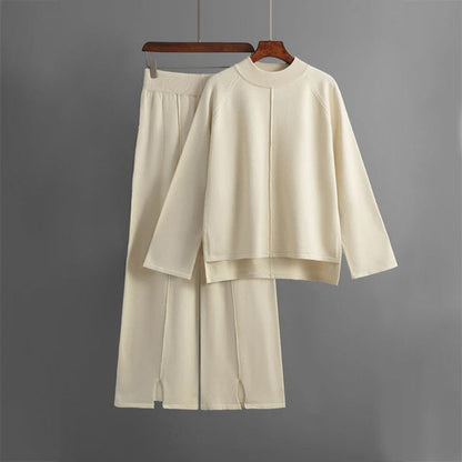 Komplet loungewear til kvinder med rundhalset sweater og bukser med vide ben