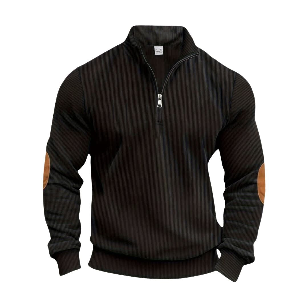 Maglione nero a righe con zip corta e toppe sui gomiti, design moderno, moda uomo, abbigliamento casual, tessuto caldo, stile autunno inverno.