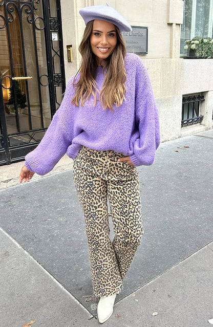 Maglione Oversize da Donna in Maglia con Scollo Rotondo e Maniche a Palloncino