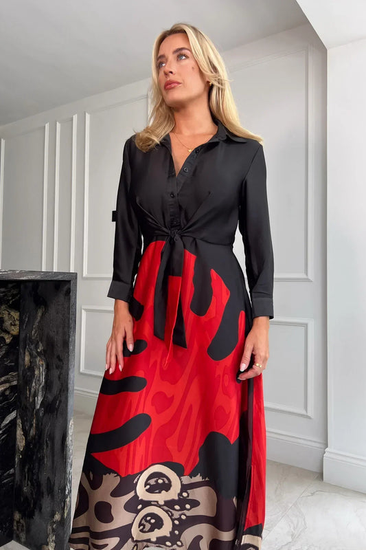 Abito camicia con nodo frontale a foglia rossa