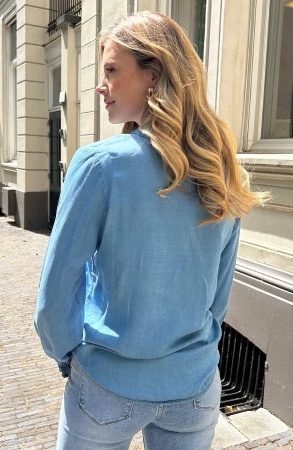 Blusa in Denim da Donna con Maniche a Palloncino e Chiusura con Bottoni