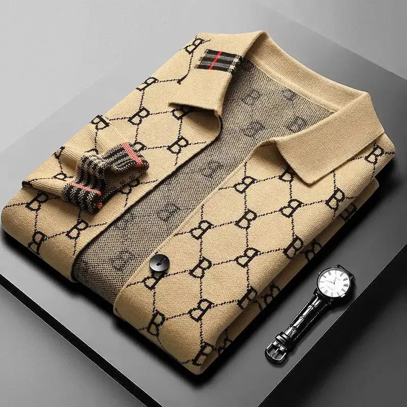 Cardigan Uomo Con Motivo Jacquard E Polsini A Contrasto