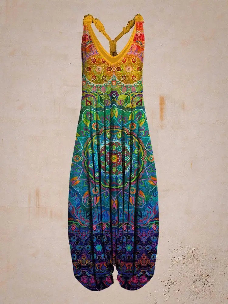 Tuta estiva boho chic multicolore con motivi etnici, design senza maniche, scollo a V, ideale per moda casual e festival.