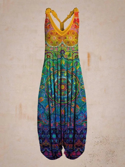 Tuta estiva boho chic multicolore con motivi etnici, design senza maniche, scollo a V, ideale per moda casual e festival.