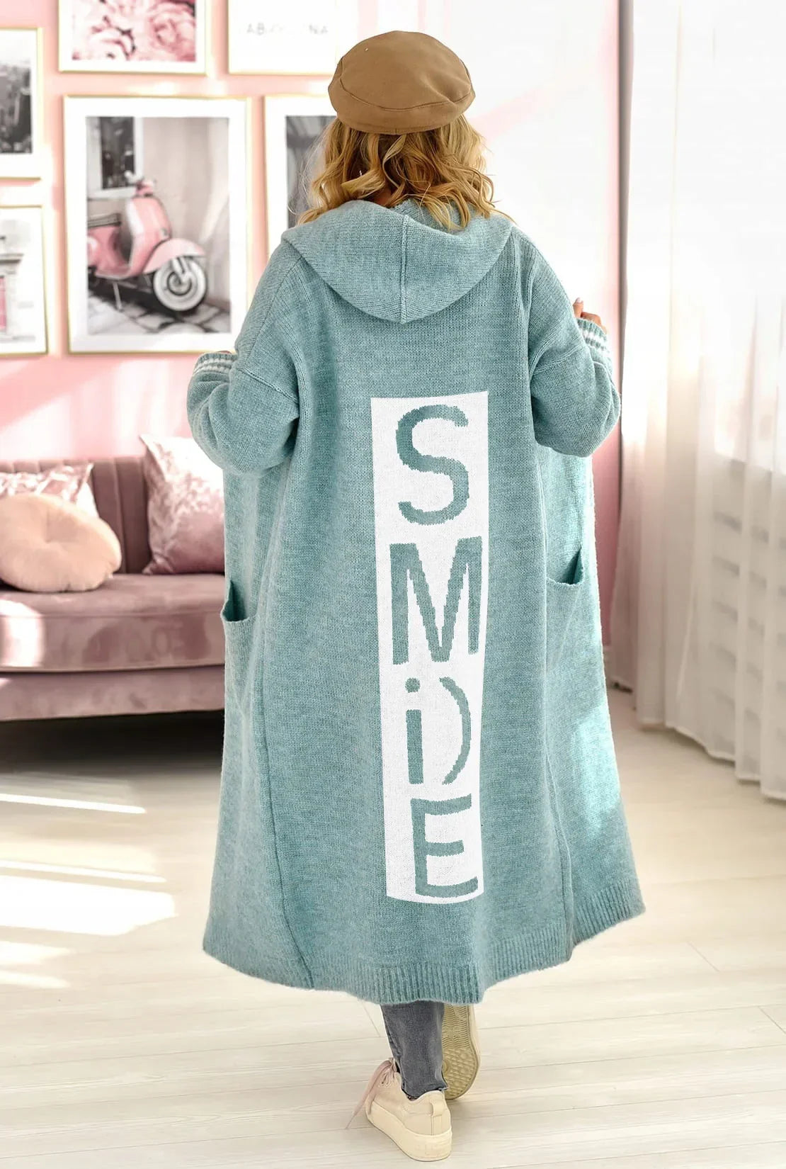 Cardigan Lungo in Maglia con Cappuccio per Donna, Vestibilità Ampia, Tasche e Finitura Maxi
