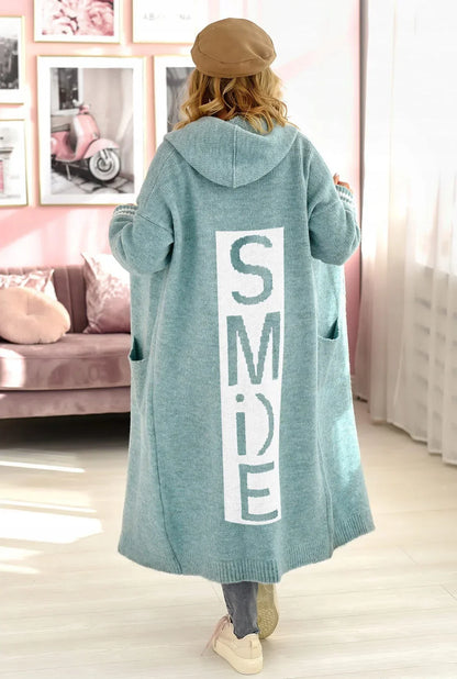 Cardigan Lungo in Maglia con Cappuccio per Donna, Vestibilità Ampia, Tasche e Finitura Maxi