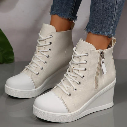 Women's Sneakers with Wedge, Side Zip, and Front Lacing