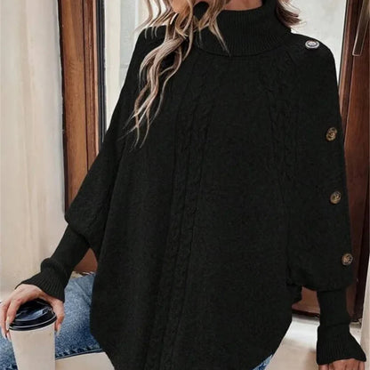 Poncho da Donna a Dolcevita Lavorazione a Treccia Design con Maniche a Bottoni