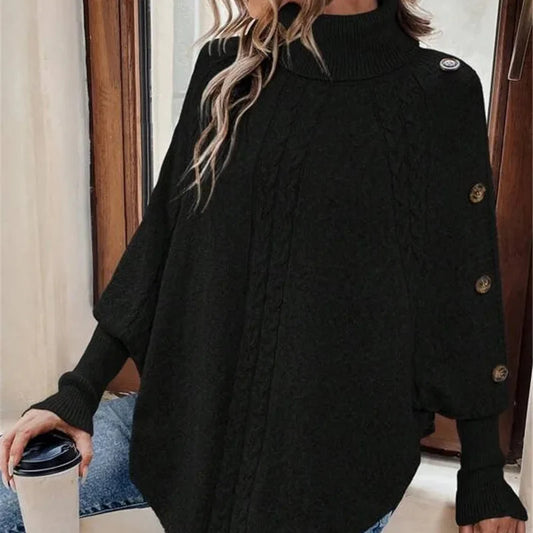 Poncho da Donna a Dolcevita Lavorazione a Treccia Design con Maniche a Bottoni