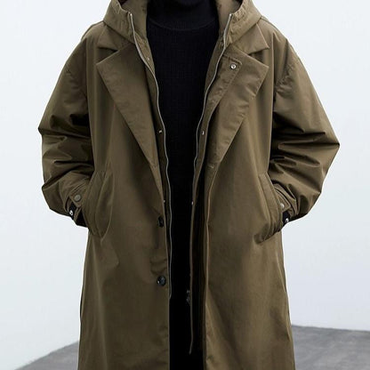 Cappotto Lungo da Uomo con Cappuccio, Chiusura Full Zip, Tasche Laterali e Polsini Regolabili