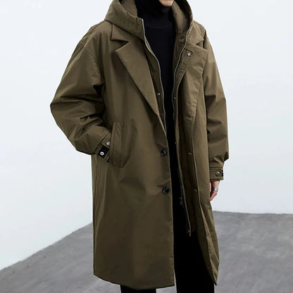 Cappotto Lungo da Uomo con Cappuccio, Chiusura Full Zip, Tasche Laterali e Polsini Regolabili