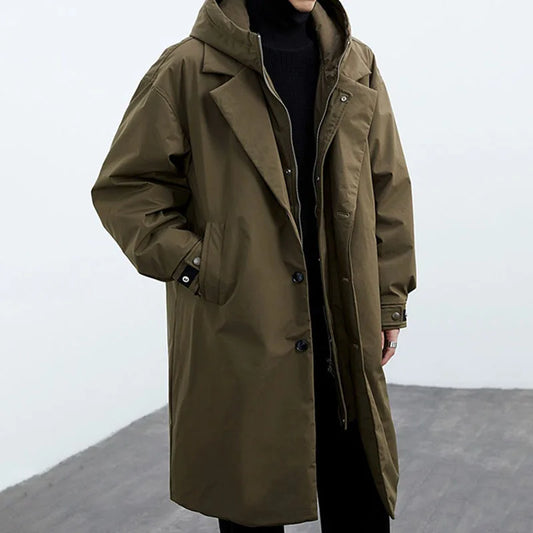 Cappotto Lungo da Uomo con Cappuccio, Chiusura Full Zip, Tasche Laterali e Polsini Regolabili