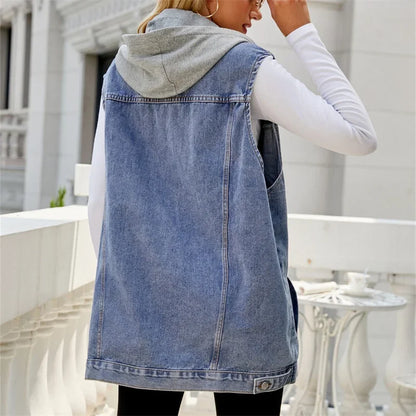 Gilet in Jeans da Donna con Cappuccio e Tasche Utility