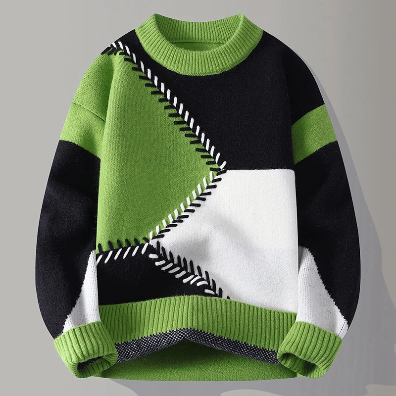 Maglione invernale uomo, design geometrico verde, nero e bianco, stile patchwork, maglia a maniche lunghe, moda casual, tessuto caldo e morbido.