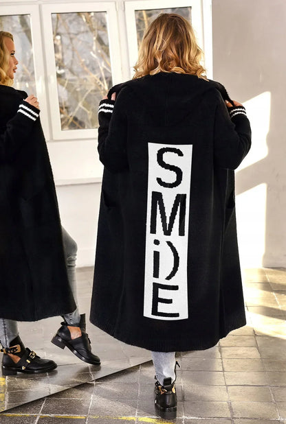 Cardigan Lungo in Maglia con Cappuccio per Donna, Vestibilità Ampia, Tasche e Finitura Maxi