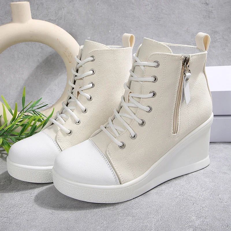 Women's Sneakers with Wedge, Side Zip, and Front Lacing