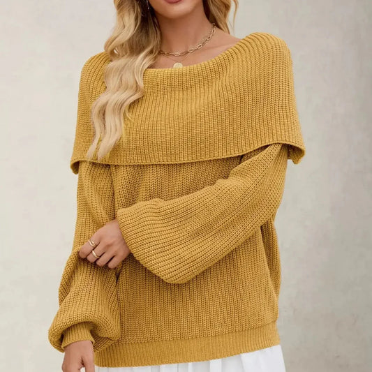 Maglione Donna in Maglia con Collo Ripiegato e Maniche Ampie
