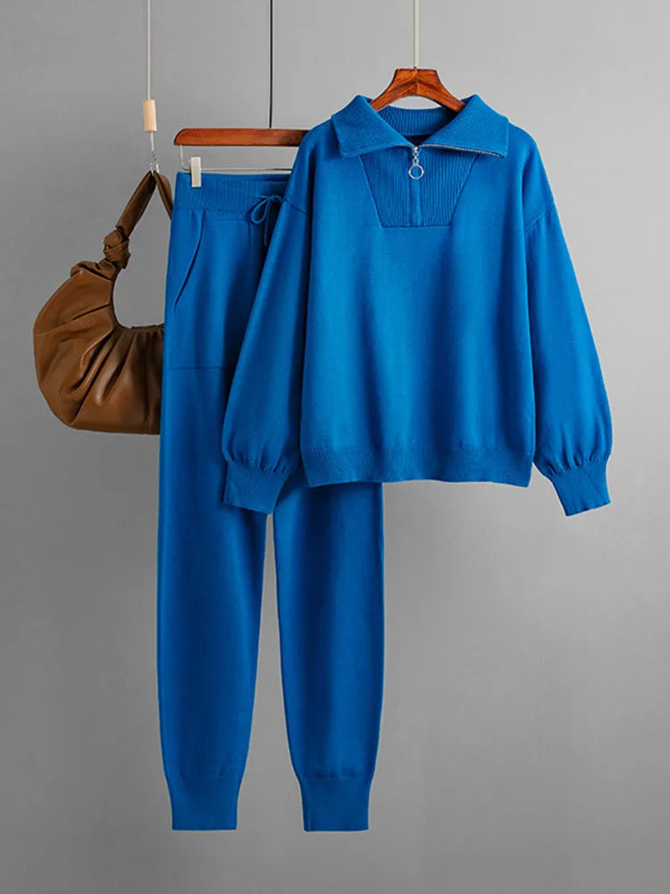 Completo Donna in Maglia con Pullover Zip e Joggers Tapered