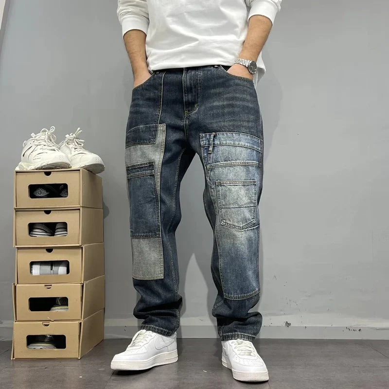 Jeans Patchwork da Uomo con Tasche Cargo e Vestibilità Tapered