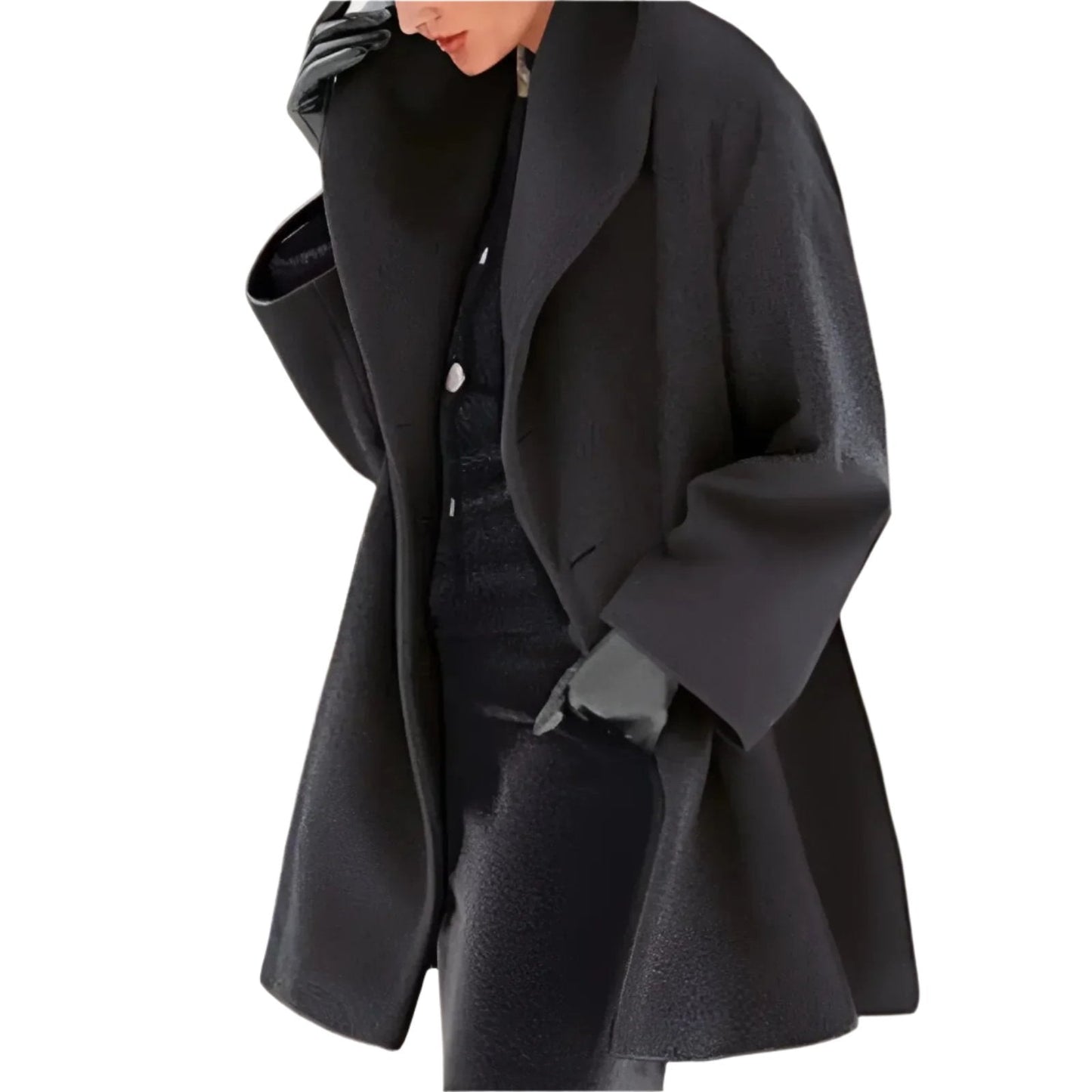 Cappotto nero elegante da donna, design oversize, tessuto liscio, abbinato a guanti neri. Moda invernale, stile sofisticato e moderno.