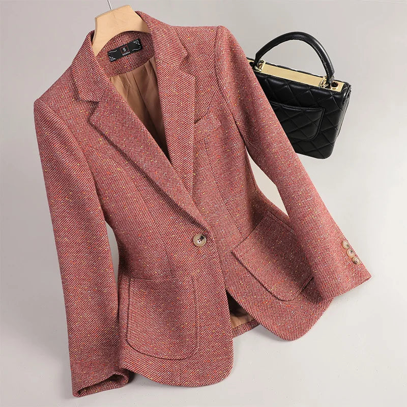 Blazer Autunnale da Donna con Tessuto a Spina di Pesce e Tasche a Patta