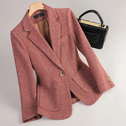 Blazer Autunnale da Donna con Tessuto a Spina di Pesce e Tasche a Patta