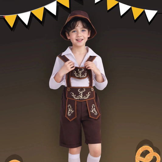 Costume Bavarese da Bambino con Lederhosen Cappello Camicia e Calze per Oktoberfest