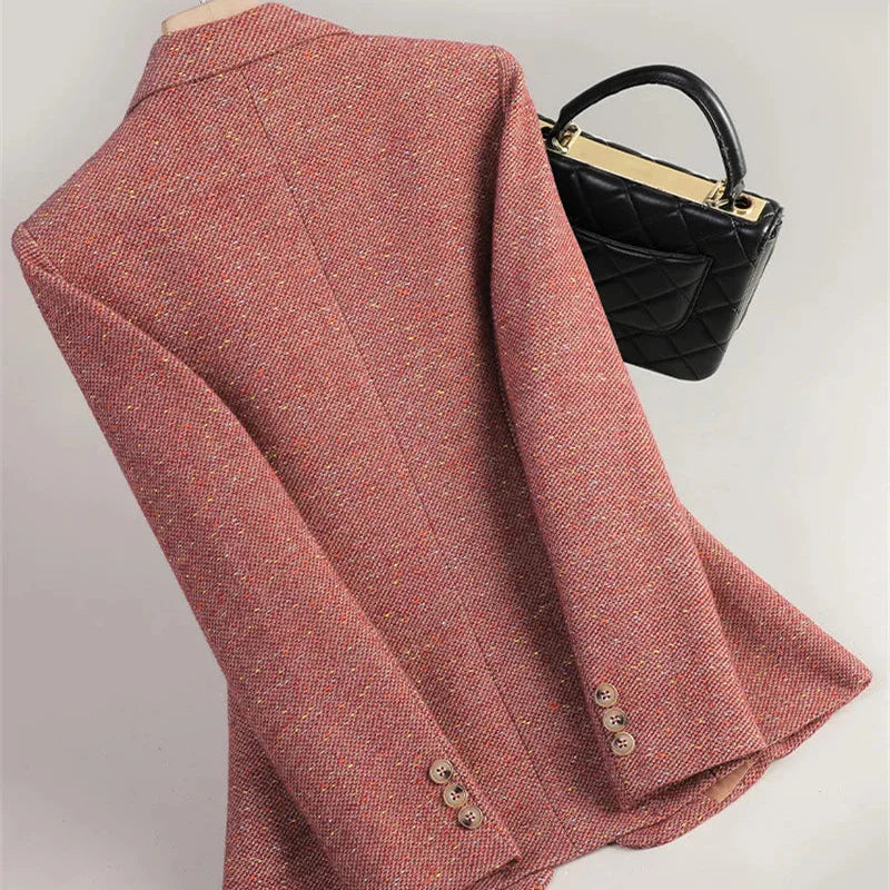 Blazer Autunnale da Donna con Tessuto a Spina di Pesce e Tasche a Patta