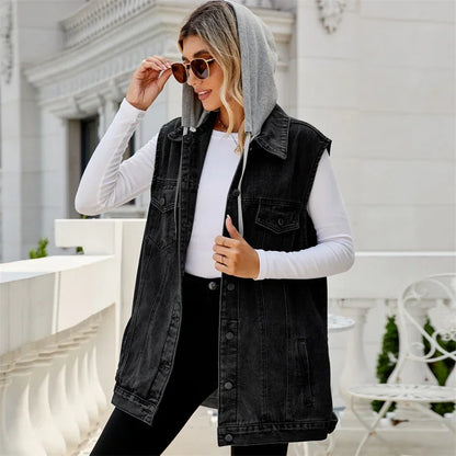 Gilet in Jeans da Donna con Cappuccio e Tasche Utility