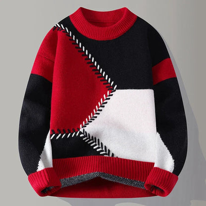 Maglione invernale a maglia con motivo geometrico rosso, nero e bianco, design moderno, maniche lunghe, ideale per moda casual e calda stagione fredda.