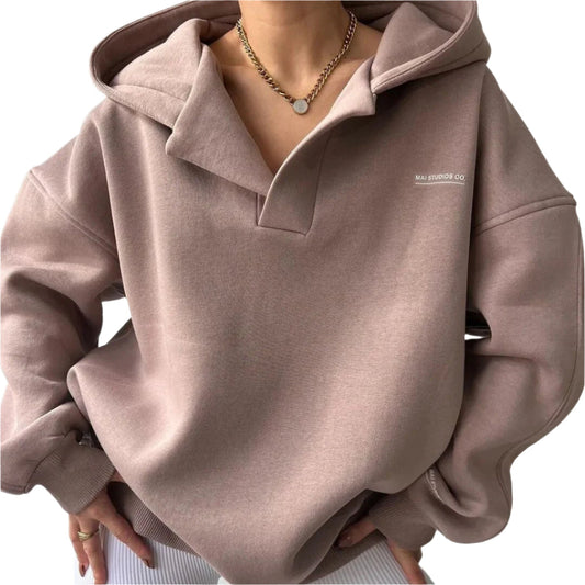 Felpa Oversize da Donna con Girocollo, Cappuccio e Tasca a Marsupio