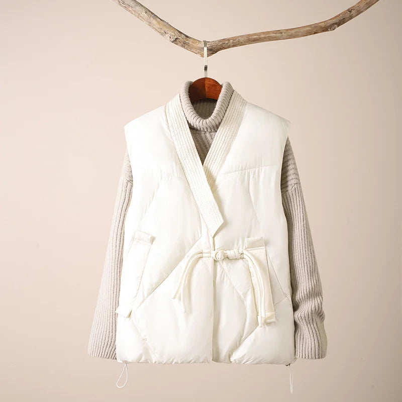 Gilet Trapuntato Autunnale da Donna con Cintura a Fiocco e Tasche Laterali