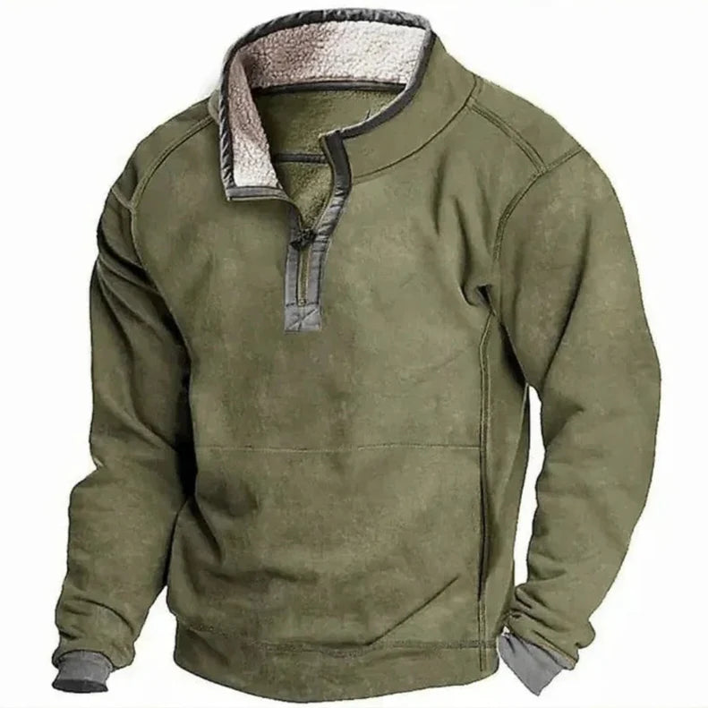 Maglione verde militare con cerniera, interno in pile, maniche lunghe, stile casual, ideale per l'inverno e attività all'aperto.