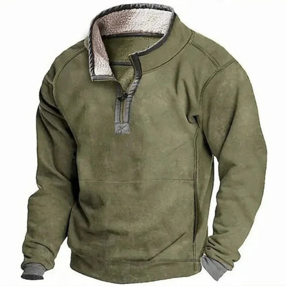 Maglione verde militare con cerniera, interno in pile, maniche lunghe, stile casual, ideale per l'inverno e attività all'aperto.