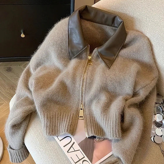 Cardigan Corto Autunnale da Donna con Zip e Colletto in Finta Pelle