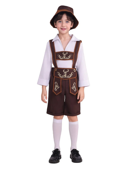 Costume Bavarese da Bambino con Lederhosen Cappello Camicia e Calze per Oktoberfest