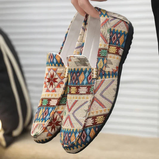 Mocassini da Uomo in Canvas con Stampa Azteca e Suola in Gomma