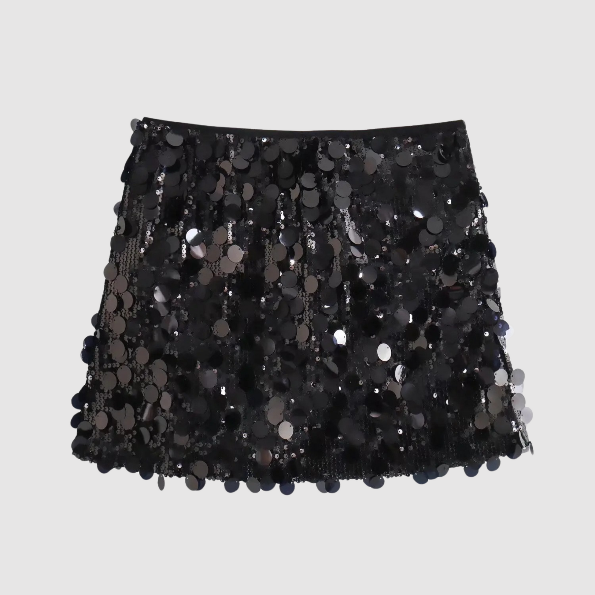 Gonna nera con paillettes lucide, design elegante e moderno, perfetta per eventi serali e feste. Moda femminile, abbigliamento glamour.