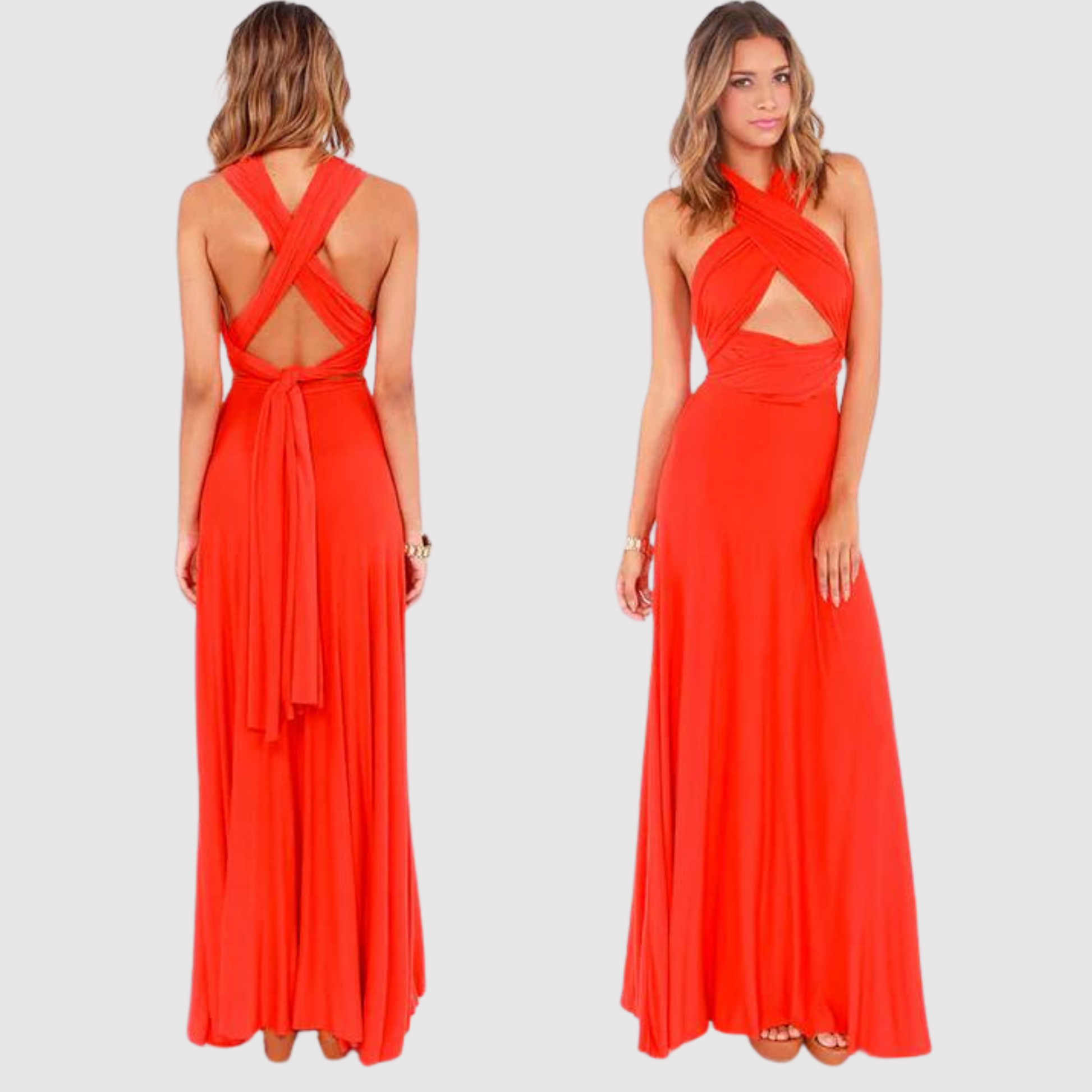 Donna in abito lungo rosso elegante con scollo incrociato, vista frontale e posteriore. Moda femminile, abbigliamento estivo, abito da sera.