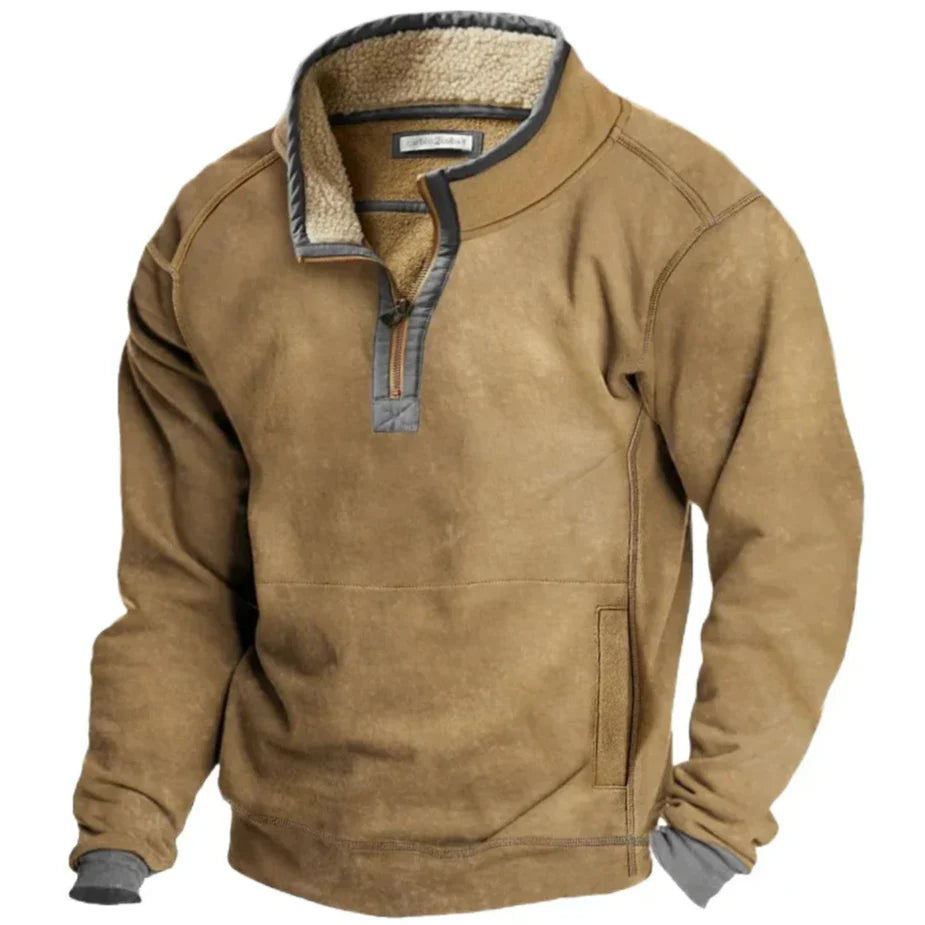 Maglione invernale marrone con cerniera, interno in pile, design casual, ideale per uomo, moda autunno-inverno, abbigliamento caldo e confortevole.