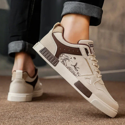 Men's Sneakers Cream and Brown with Wave Graphics and Padded Insole