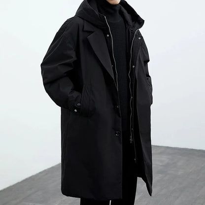 Cappotto Lungo da Uomo con Cappuccio, Chiusura Full Zip, Tasche Laterali e Polsini Regolabili