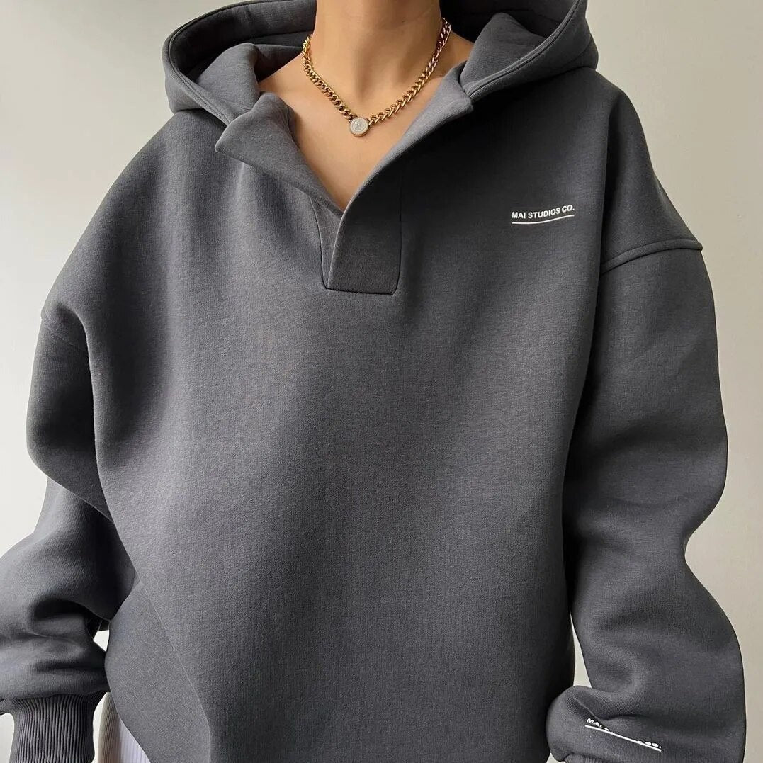 Felpa Oversize da Donna con Girocollo, Cappuccio e Tasca a Marsupio