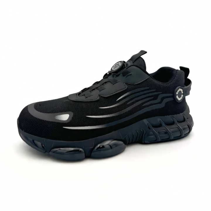 Scarpa sportiva nera con suola ammortizzata, design moderno e dettagli riflettenti. Ideale per corsa e allenamento. Scarpe da ginnastica uomo.