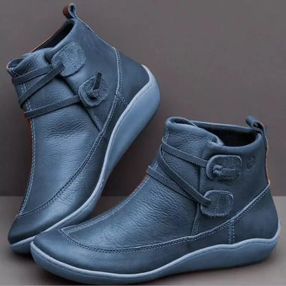Scarpe stivaletti in pelle blu scuro con chiusura a fibbia, suola in gomma antiscivolo, design moderno e confortevole per l'autunno inverno.