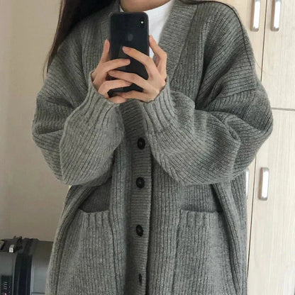 Cardigan Oversized Donna Maglia Bottone Frontale Con Tasche