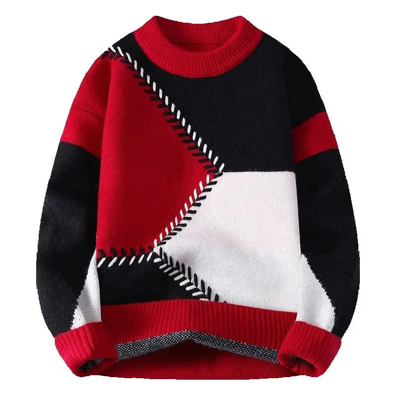 Maglione invernale a maglia, design geometrico rosso, nero e bianco, maniche lunghe, stile casual, moda uomo, tessuto caldo e confortevole.