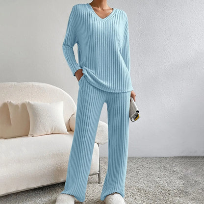 Completo da Casa in Maglia da Donna Due Pezzi con Pantaloni a Vita Elastico e Maglia a Maniche Lunghe